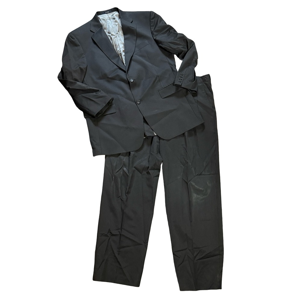 Hart Schaffner Marx Suit Mens 42 Black Pinstripe Two Button Pleated Professional